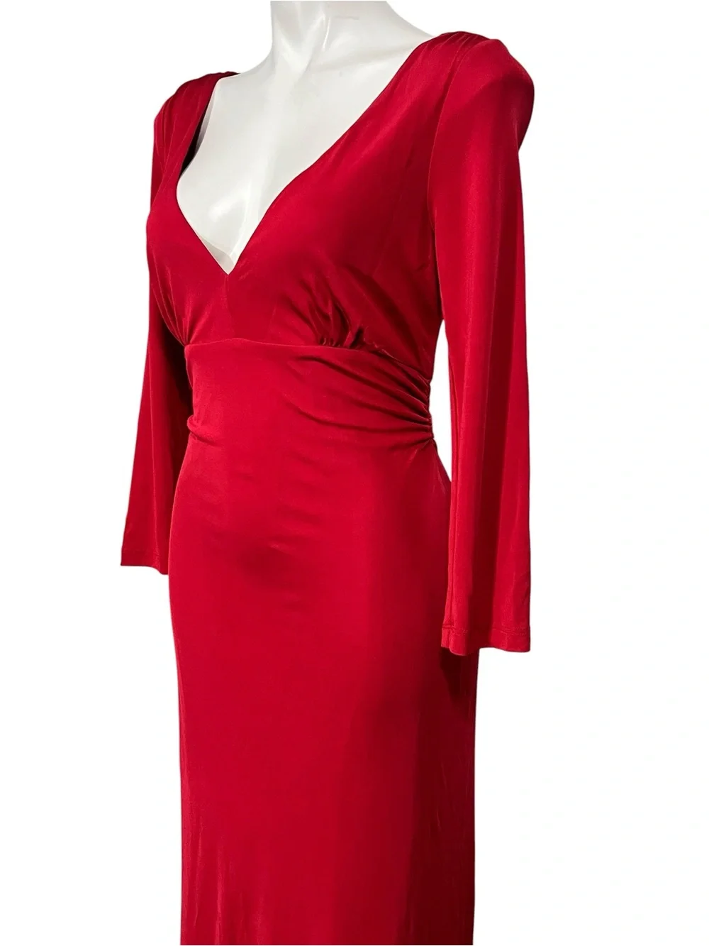 David Meister Maxi Gown Sz 10 Red Long Sleeve V-Neck ruched sexy formal occasion